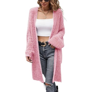 image:imagechouyatou Womens Winter Fuzzy Midi Long Cardigan Herringbone Striped Sweaters Open Front Trench Coat Outerwear JacketRed