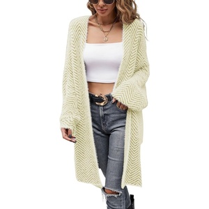 image:imagechouyatou Womens Winter Fuzzy Midi Long Cardigan Herringbone Striped Sweaters Open Front Trench Coat Outerwear JacketYellow