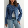 image:imageCHOUYATOU Womens Collarless Denim Trucker Jacket Button Front Y2K Business Causal Denim Jacket CoatBlue
