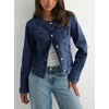image:imageCHOUYATOU Womens Collarless Denim Trucker Jacket Button Front Y2K Business Causal Denim Jacket CoatDark Blue