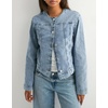 image:imageCHOUYATOU Womens Collarless Denim Trucker Jacket Button Front Y2K Business Causal Denim Jacket CoatLight Blue