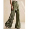 image:imagechouyatou Womens Boho Floral Embroidery Wide Leg Jeans Y2k Flare Bell Bottom Jeans Baggy Denim Palazzo Pants TrousersArmy Green