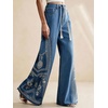image:imagechouyatou Womens Boho Floral Embroidery Wide Leg Jeans Y2k Flare Bell Bottom Jeans Baggy Denim Palazzo Pants TrousersBlue