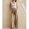 image:imagechouyatou Womens Boho Floral Embroidery Wide Leg Jeans Y2k Flare Bell Bottom Jeans Baggy Denim Palazzo Pants TrousersKhaki