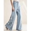 image:imagechouyatou Womens Boho Floral Embroidery Wide Leg Jeans Y2k Flare Bell Bottom Jeans Baggy Denim Palazzo Pants TrousersLight Blue