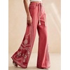 image:imagechouyatou Womens Boho Floral Embroidery Wide Leg Jeans Y2k Flare Bell Bottom Jeans Baggy Denim Palazzo Pants TrousersWatermelon Red