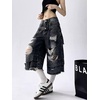 image:imagechouyatou Womens Distressed Ripped Denim Capris Y2k Boyfriend Baggy Jeans Wide Leg Cropped Jeans with PocketsBlack