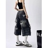 image:imagechouyatou Womens Distressed Ripped Denim Capris Y2k Boyfriend Baggy Jeans Wide Leg Cropped Jeans with PocketsBlack