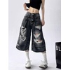 image:imagechouyatou Womens Distressed Ripped Denim Capris Y2k Boyfriend Baggy Jeans Wide Leg Cropped Jeans with PocketsBlack