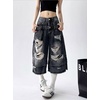 image:imagechouyatou Womens Distressed Ripped Denim Capris Y2k Boyfriend Baggy Jeans Wide Leg Cropped Jeans with PocketsBlack