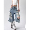 image:imagechouyatou Womens Distressed Ripped Denim Capris Y2k Boyfriend Baggy Jeans Wide Leg Cropped Jeans with PocketsLight Blue