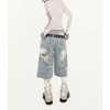 image:imagechouyatou Womens Distressed Ripped Denim Capris Y2k Boyfriend Baggy Jeans Wide Leg Cropped Jeans with PocketsLight Blue