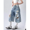 image:imagechouyatou Womens Distressed Ripped Denim Capris Y2k Boyfriend Baggy Jeans Wide Leg Cropped Jeans with PocketsLight Blue
