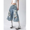 image:imagechouyatou Womens Distressed Ripped Denim Capris Y2k Boyfriend Baggy Jeans Wide Leg Cropped Jeans with PocketsLight Blue