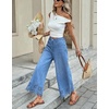 image:imagechouyatou Womens Eyelet Embroidery Floral Wide Leg Jeans Boho Baggy Jeans High Waisted Cropped Denim Palazzo PantsBlue