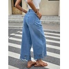 image:imagechouyatou Womens Eyelet Embroidery Floral Wide Leg Jeans Boho Baggy Jeans High Waisted Cropped Denim Palazzo PantsBlue