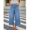 image:imagechouyatou Womens Eyelet Embroidery Floral Wide Leg Jeans Boho Baggy Jeans High Waisted Cropped Denim Palazzo PantsBlue