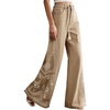 image:imagechouyatou Womens Boho Floral Embroidery Wide Leg Jeans Y2k Flare Bell Bottom Jeans Baggy Denim Palazzo Pants TrousersKhaki