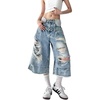 image:imagechouyatou Womens Distressed Ripped Denim Capris Y2k Boyfriend Baggy Jeans Wide Leg Cropped Jeans with PocketsLight Blue