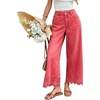 image:imagechouyatou Womens Eyelet Embroidery Floral Wide Leg Jeans Boho Baggy Jeans High Waisted Cropped Denim Palazzo PantsWatermelon Red