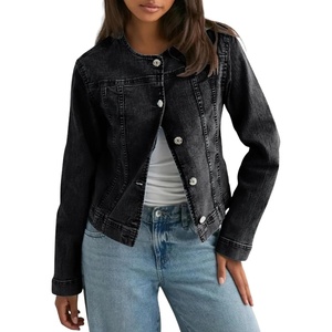image:imageCHOUYATOU Womens Collarless Denim Trucker Jacket Button Front Y2K Business Causal Denim Jacket CoatBlack