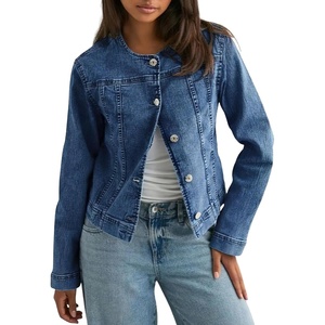 image:imageCHOUYATOU Womens Collarless Denim Trucker Jacket Button Front Y2K Business Causal Denim Jacket CoatBlue