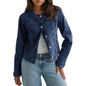 image:imageCHOUYATOU Womens Collarless Denim Trucker Jacket Button Front Y2K Business Causal Denim Jacket CoatDark Blue