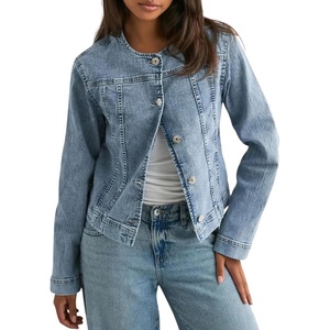 image:imageCHOUYATOU Womens Collarless Denim Trucker Jacket Button Front Y2K Business Causal Denim Jacket CoatLight Blue