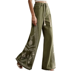 image:imagechouyatou Womens Boho Floral Embroidery Wide Leg Jeans Y2k Flare Bell Bottom Jeans Baggy Denim Palazzo Pants TrousersArmy Green