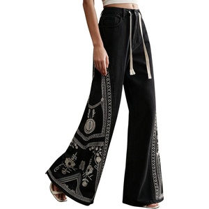 image:imagechouyatou Womens Boho Floral Embroidery Wide Leg Jeans Y2k Flare Bell Bottom Jeans Baggy Denim Palazzo Pants TrousersBlack