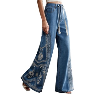 image:imagechouyatou Womens Boho Floral Embroidery Wide Leg Jeans Y2k Flare Bell Bottom Jeans Baggy Denim Palazzo Pants TrousersBlue