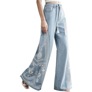 image:imagechouyatou Womens Boho Floral Embroidery Wide Leg Jeans Y2k Flare Bell Bottom Jeans Baggy Denim Palazzo Pants TrousersLight Blue