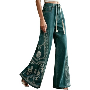 image:imagechouyatou Womens Boho Floral Embroidery Wide Leg Jeans Y2k Flare Bell Bottom Jeans Baggy Denim Palazzo Pants TrousersRetro Blue