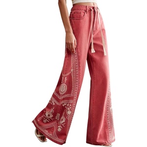 image:imagechouyatou Womens Boho Floral Embroidery Wide Leg Jeans Y2k Flare Bell Bottom Jeans Baggy Denim Palazzo Pants TrousersWatermelon Red