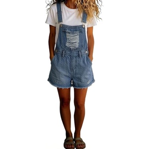 image:imagechouyatou Womens Denim Shorts Overalls Distressed Shortalls Wide Leg Loose Bib Jean Romper JumpsuitsBlue