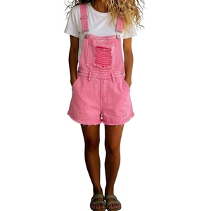 image:imagechouyatou Womens Denim Shorts Overalls Distressed Shortalls Wide Leg Loose Bib Jean Romper JumpsuitsPink