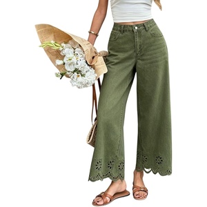 image:imagechouyatou Womens Eyelet Embroidery Floral Wide Leg Jeans Boho Baggy Jeans High Waisted Cropped Denim Palazzo PantsArmy Green