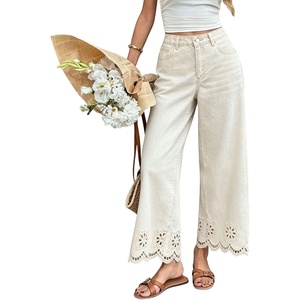 image:imagechouyatou Womens Eyelet Embroidery Floral Wide Leg Jeans Boho Baggy Jeans High Waisted Cropped Denim Palazzo PantsBeige White