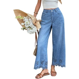 image:imagechouyatou Womens Eyelet Embroidery Floral Wide Leg Jeans Boho Baggy Jeans High Waisted Cropped Denim Palazzo PantsBlue