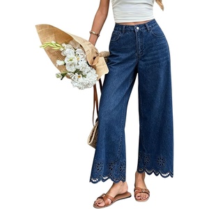 image:imagechouyatou Womens Eyelet Embroidery Floral Wide Leg Jeans Boho Baggy Jeans High Waisted Cropped Denim Palazzo PantsDark Blue