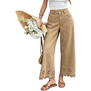image:imagechouyatou Womens Eyelet Embroidery Floral Wide Leg Jeans Boho Baggy Jeans High Waisted Cropped Denim Palazzo PantsKhaki