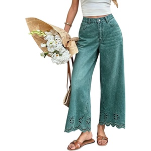 image:imagechouyatou Womens Eyelet Embroidery Floral Wide Leg Jeans Boho Baggy Jeans High Waisted Cropped Denim Palazzo PantsRetro Blue