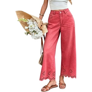 image:imagechouyatou Womens Eyelet Embroidery Floral Wide Leg Jeans Boho Baggy Jeans High Waisted Cropped Denim Palazzo PantsWatermelon Red