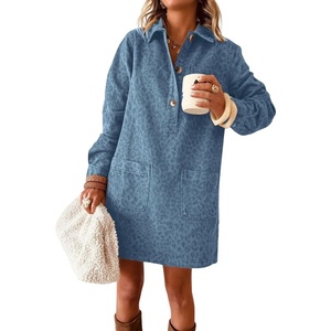 image:imagechouyatou Womens Spring Fall Long Sleeve Denim Polo Shirt Dress Button Up Jean Tunic Shift Mini Dress with PocketsLeopard Blue