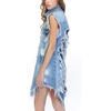 image:imagechoutyou Womens Casual Frayed Tassel Hem Ripped Holes Mid Long Denim Vest CoatBlue