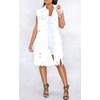 image:imagechoutyou Womens Casual Frayed Tassel Hem Ripped Holes Mid Long Denim Vest CoatWhite