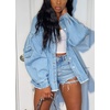 image:imagechouyatou Womens Bishop Sleeve Button Down MidLength Peplum Denim Jacket CoatLight Blue