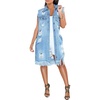 image:imagechoutyou Womens Casual Frayed Tassel Hem Ripped Holes Mid Long Denim Vest CoatBlue