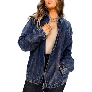 image:imageCHOUYATOU Womens Boyfriend Turndown Collar Denim Trucker Jacket Zip Up Distressed Denim Jacket CoatDark Blue