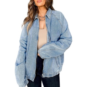 image:imageCHOUYATOU Womens Boyfriend Turndown Collar Denim Trucker Jacket Zip Up Distressed Denim Jacket CoatLight Blue